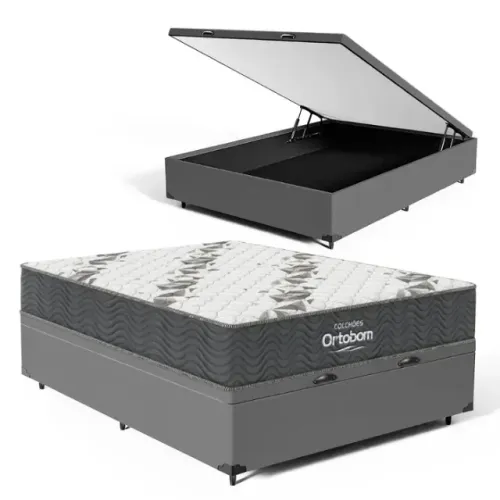 Colchão Casal Espuma D33 + Cama Box Baú Cinza Suede
