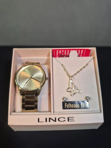 Kit Relógio Lince Feminino Dourado + Colar Borboleta Folheado a Ouro 18K