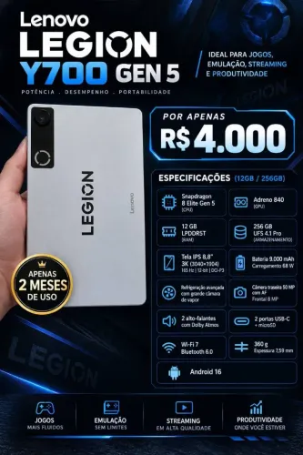 Vendo lenovo legion y700 gen5 12/256 2 meses de uso sem marcas impecável