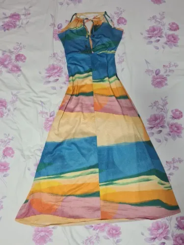 Vestido verão sem manga longo colorido azul rosa laranja com brilhos