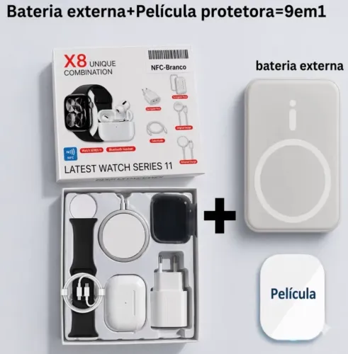 Kit 9 em 1 Smartwatch Series 11 + Fone Sem Fio + Carregadores + Power Bank