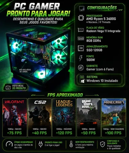 PC Gamer Completo Ryzen 5 3400G / 8GB / SSD 120GB / Gabinete com 6 Fans.