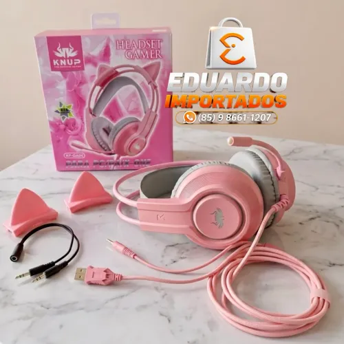 Headset Gamer USB / P3 Rosa Orelha de Gatinho com Microfone (PC, PS4, Xbox, Celular)