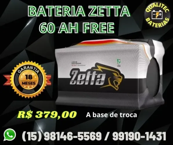 Bateria automotiva Zetta 60 amperes selada em promoção.