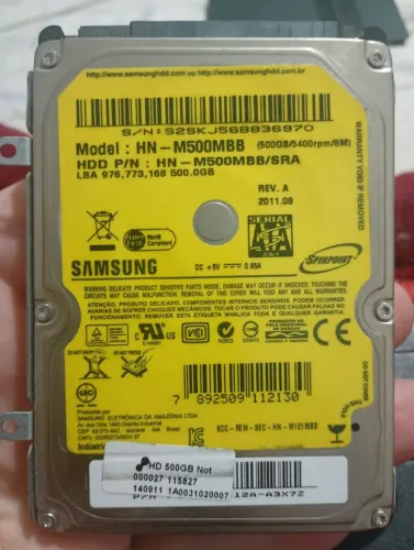 .HD Samsung 500GB para Notebook SATA<br>Funcionando perfeitamente.