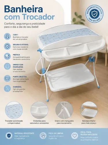 Banheira de Bebe Desmontavel com Trocador Kiddo Shower Azul