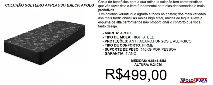 Colchão solteiro aplauso Parcelamos sem juros