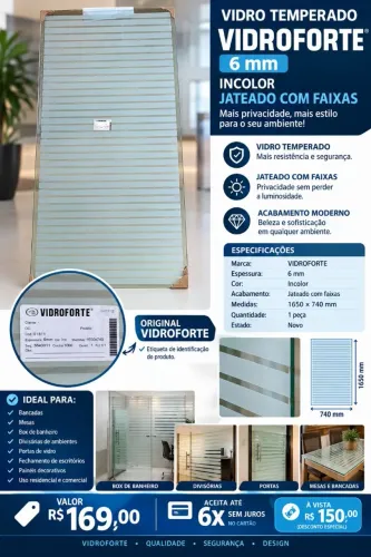 VIDRO TEMPERADO VIDROFORTE 6mm NOVO JATEADO COM FAIXAS