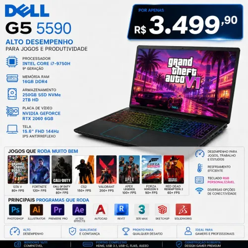 Notebook Dell G5 5590 i7-9750H 16GB 250GB SSD NVMe 2TB HD GeForce RTX 2060 FullHD 144Hz
