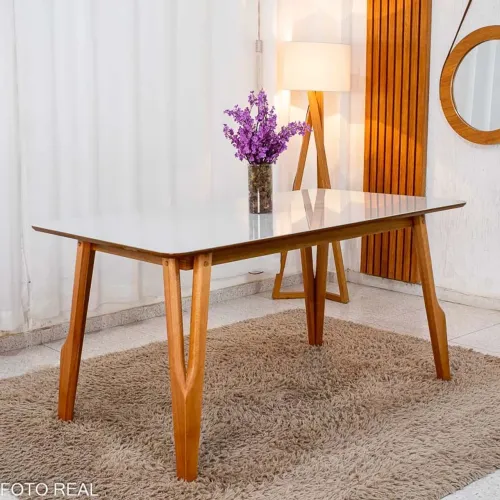 Mesa de Jantar Viena 160x90 Vidro Off/Base Madeira rf43