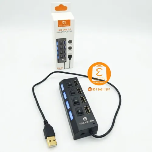 HUB USB 3.0 Alta Velocidade com 4 Portas, Interruptores e Entrada para Fonte