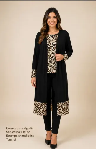 Conjunto sobretudo mais blusa em algodão estampa animal print tamanho M
