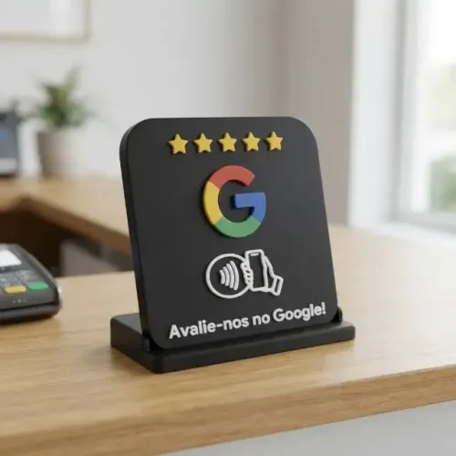 Placa de Avaliação Google por Aproximação NFC Preta com Suporte de Mesa