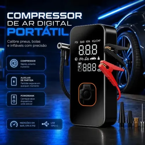 Bomba De Ar Portátil Compressor Calibrador Carregador de bateria