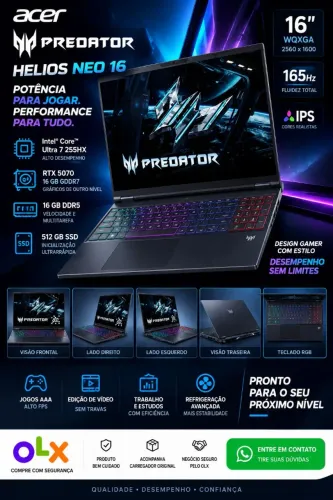 Notebook Gamer Predator Helios Neo 16 Ultra 7 255HX 16GB RTX5070