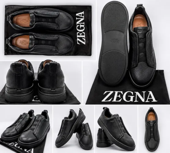 Tênis ZEGNA Original em Couro Preto Slip-On Luxo Masculino