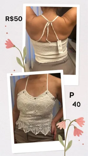 Top branco de renda com detalhes e amarração