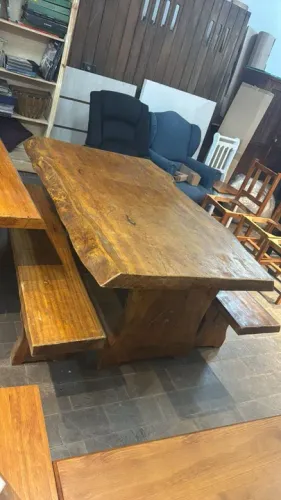 Mesa rústica borda orgânica área gourmet madeira maciça prancha única 1,5mt c/2 bancos