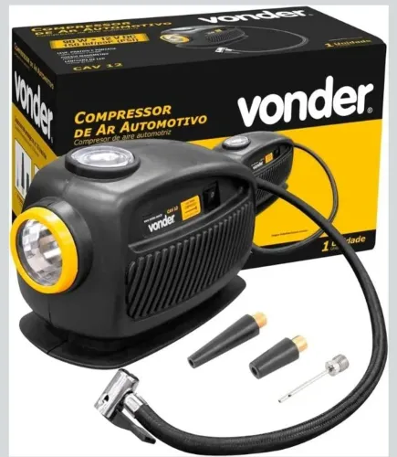 Kit compressor automotivo e kit remendos para pneu sem câmera.