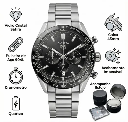 Relógio Masculino Tag Heuer Prm AAA+ - Top - 43mm - Quartzo - Vidro Safira - Aço 904l