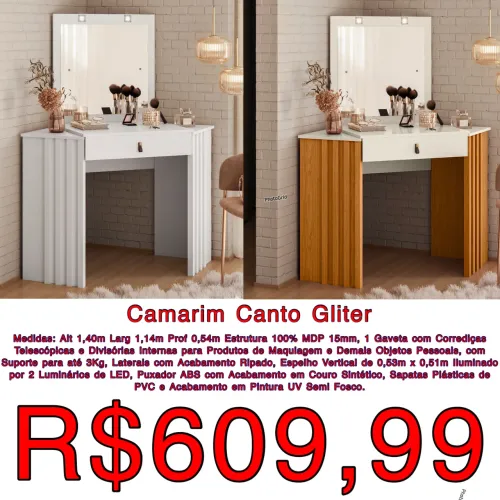 Penteadeira Camarim Glitter de canto luz led / frete grátis / 2 cores