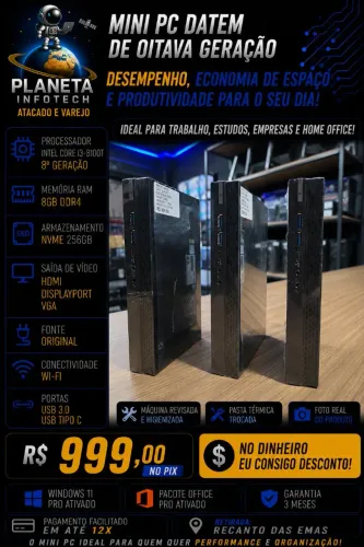Mini PC Daten core i3 8100T com 8gb de ram DDR4 + NVME 256gb Gen4 ( com garantia )