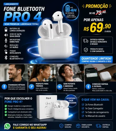? Fone Bluetooth Pro 4 TWS Sem Fio | Som Premium | Android e iPhone | Pronta Entrega