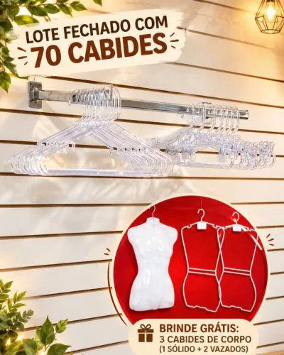Lote com 70 Cabides Transparentes + 3 Cabides de Corpo Grátis