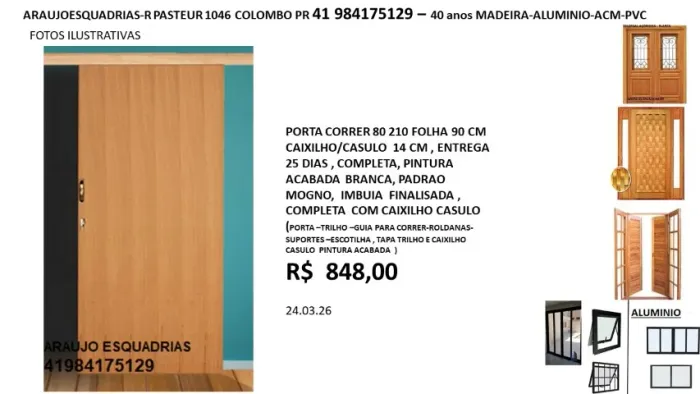 pta correr 80 fl 90 cm r$ 848,0casulo 14cm completa branca magno e imbuia pintura acabada