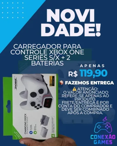 Carregador para Controle Xbox One Series S/X + 2 Baterias.
