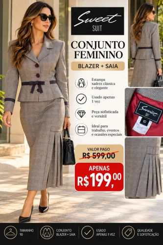 CONJUNTO FEMININO SOCIAL XADREZ | BLAZER + SAIA | TAMANHO M