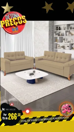 Sofá 2 e 3 lugares com braços almofadados 