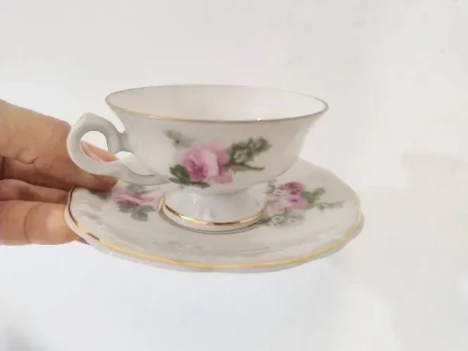 Xícaras Cafezinho Porcelana Schmidt Rosas Borda Ouro Porcelana 6 Unid
