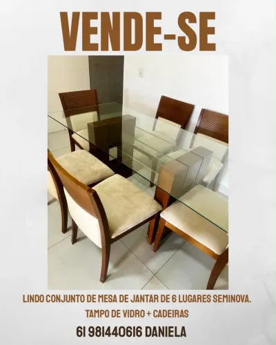 Mesa 6 lugares com tampo de vidro 