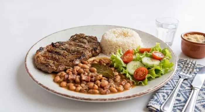 Bife grelhado com arroz branco feijao carioca salada de alface tomate