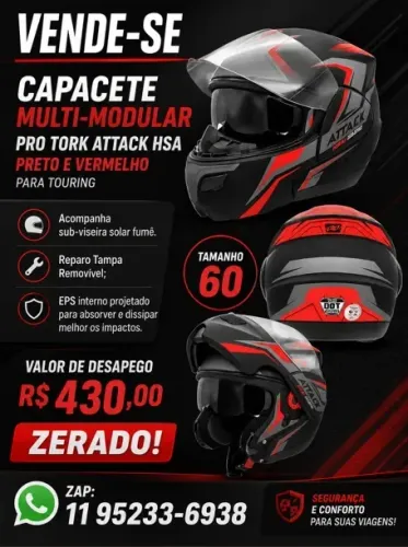 Capacete Multi-Modular Pro Tork Attack HSA Preto e Vermelho para Touring, Tamanho 60