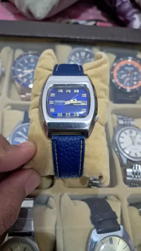 relógio citizen automático vintage 21j azul - caixa tv - couro azul