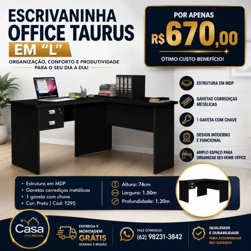 Escrivaninha Office Taurus em 'L' - Preto <br>