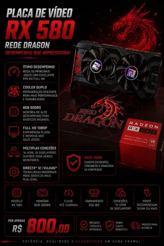 Placa de Vídeo RX 580 Power Color Red Dragon