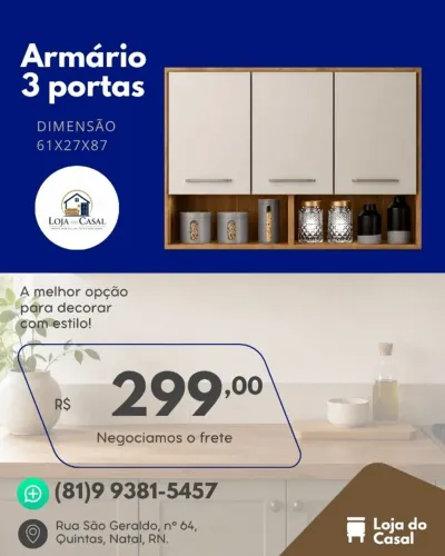 Armário 3 Portas Multiuso com Nichos - Loja do Casal.