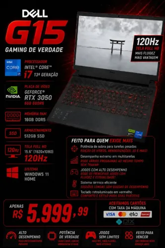 Notebook Gamer Dell G15 (i7 13th, RTX 3050 6GB, 16 GB de ram DDR5, 512gb de ram)