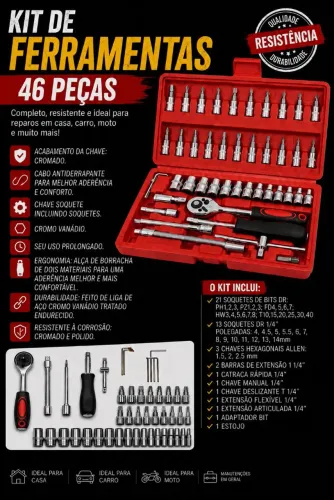 Kit Ferramentas 46 Peças Com Soquetes e Chaves Para Carro e Casa