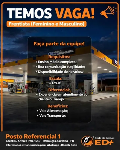 Vaga de emprego, para frentista e atendente de conveniência