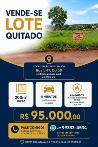 Lote quitado pronto no lago azul Goianira