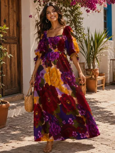 Vestido Farm Longo Sonho de Chita Floral - Ombro a Ombro Manga Bufante
