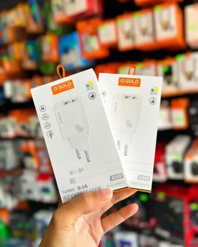 CARREGADOR TURBO TIPO C 40W GOLD PRO ?R$ 44,99 . Carregamento super rápido de 40W e 9.1A.