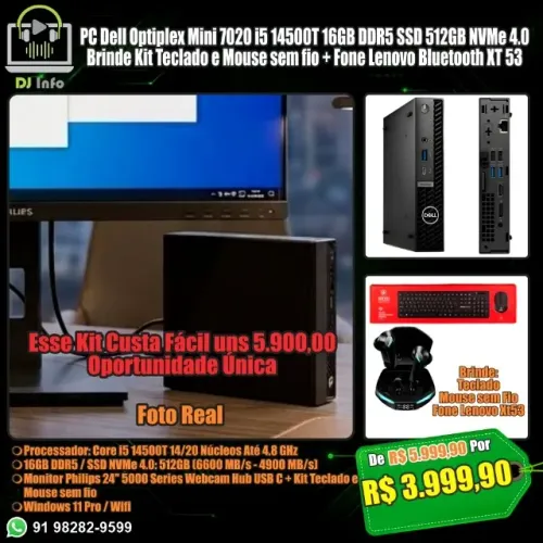 PC Dell Optiplex Mini 7020 i5 14500T 16GB DDR5 SSD 512GB NVMe 4.0 + Teclado Mouse sem fio
