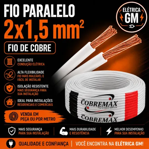 Fio paralelo 2x1,5mm rolo com 100 metros cobremax