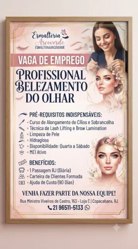 Vaga para Manicure tradicional e profissional da área de Embelezamento do Olhar. Com pra