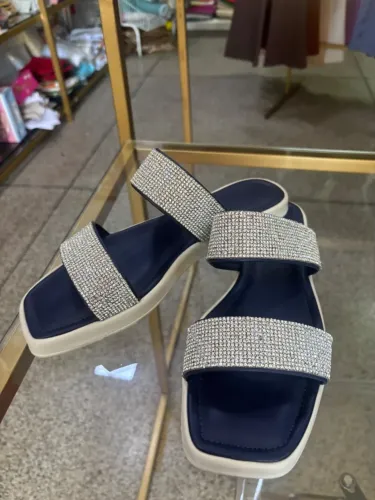 Rasteira Feminina Tira Larga Strass Brilho Azul Marinho